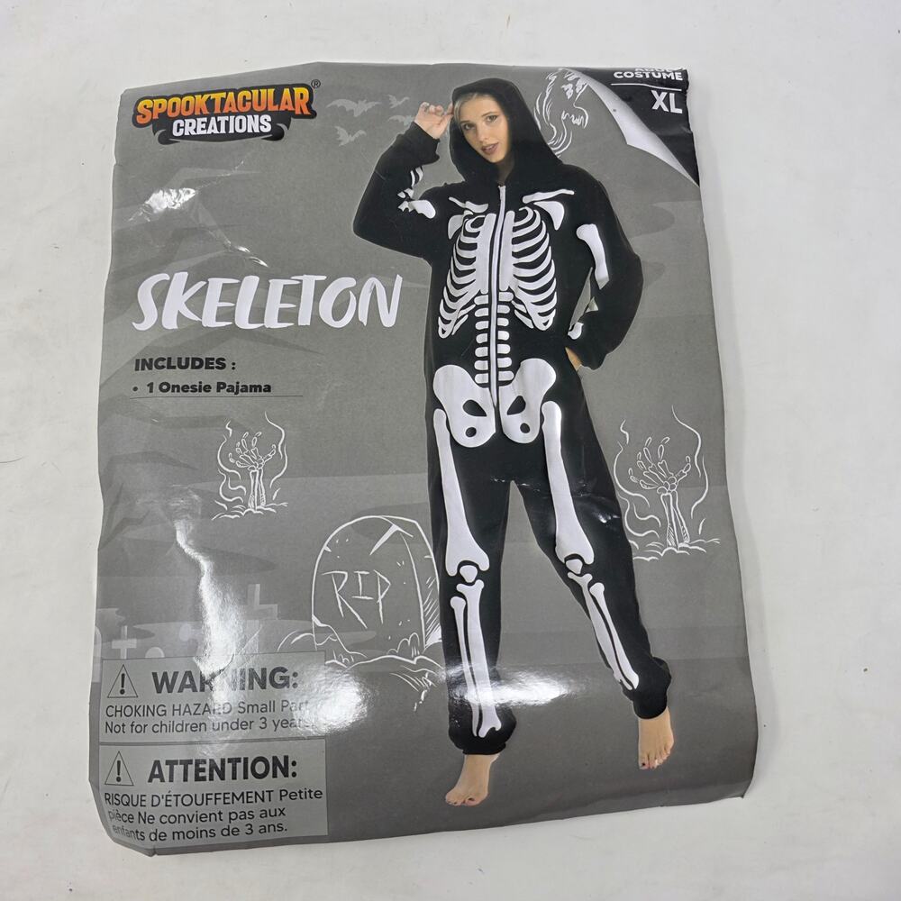 Skeleton Hooded Onesie Pajama Costume Black White Women’s XL Halloween